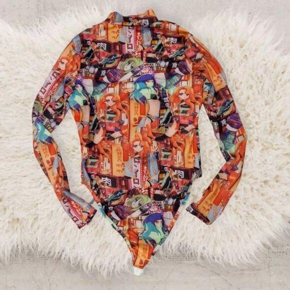 Japanese Anime-Manga Graphic Print Mock Neck Bodysuit Onesie- Size Small - Picture 4 of 15